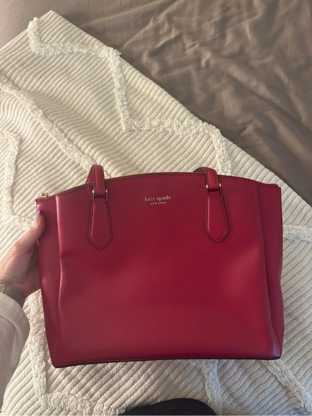 kate spade pink/red leather tote with gold hardware